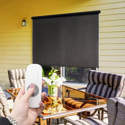 Morro Bay Grey Motorized Outdoor Patio Roller Shade with Valance 48 In. W X 96 In. L