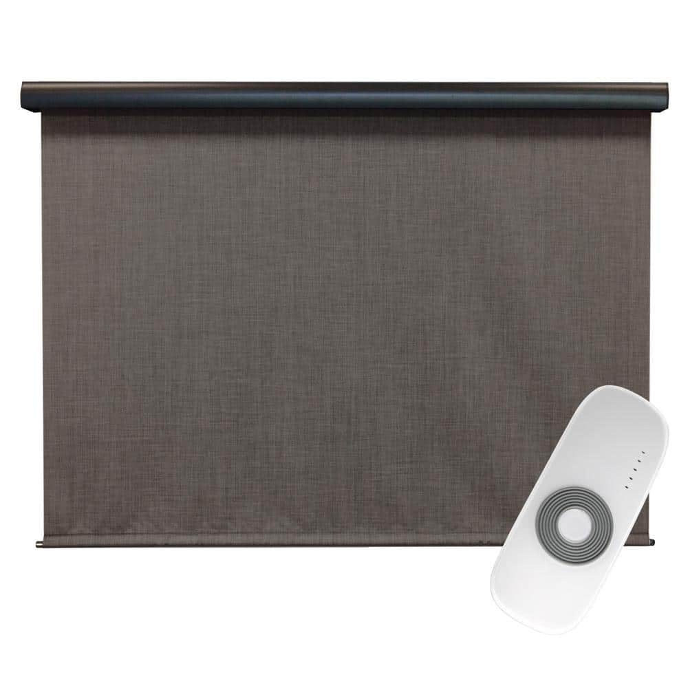 Tide Pool Grey and Black Motorized Outdoor Patio Roller Shade with Valance 120 In. W X 96 In. L