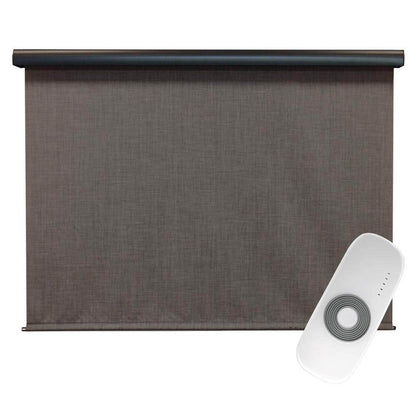 Tide Pool Grey and Black Motorized Outdoor Patio Roller Shade with Valance 120 In. W X 96 In. L