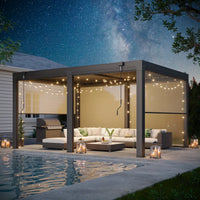 Louvered Pergola with Panel Pull-Down Screen, Outdoor Aluminum Pergola with Adjustable Rainproof Roof for Hot Tub and Patio Deck Backyard