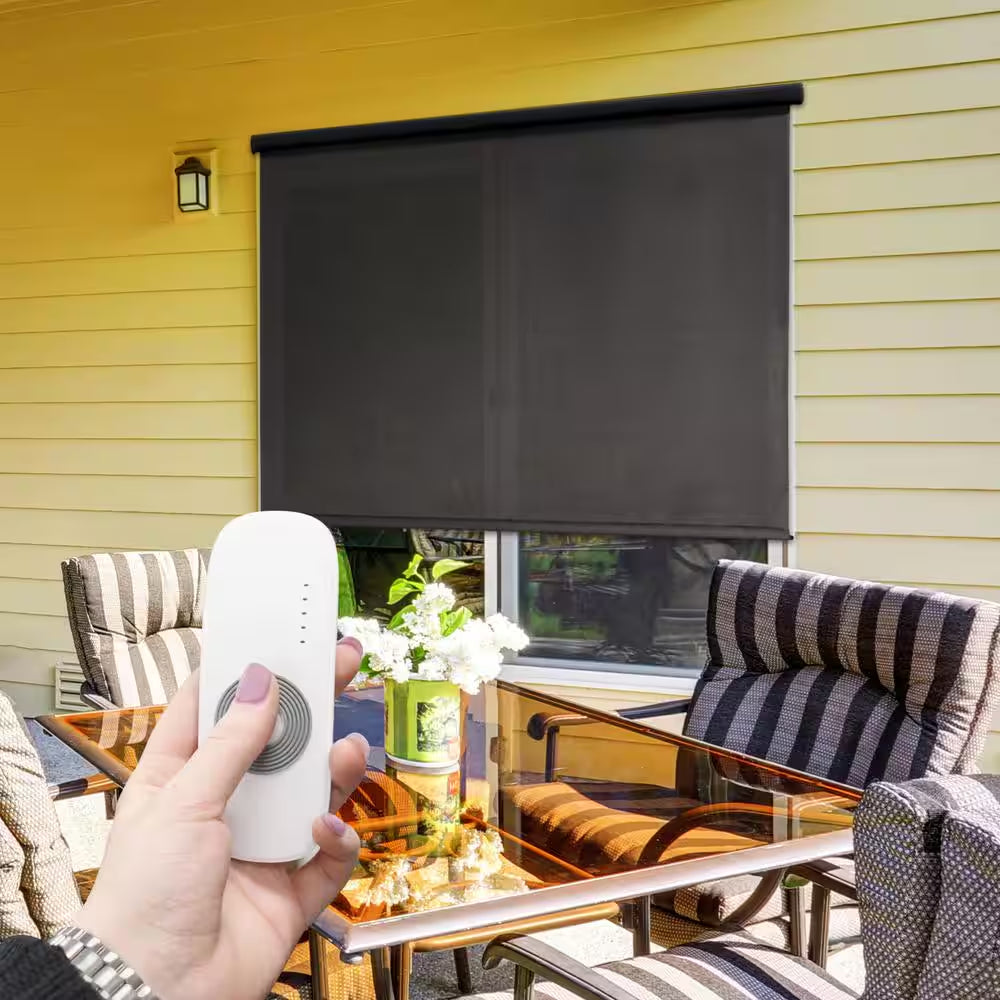 Tide Pool Grey and Black Motorized Outdoor Patio Roller Shade with Valance 120 In. W X 96 In. L