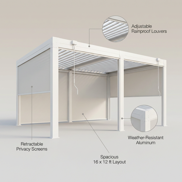 Louvered Pergola with Panel Pull-Down Screen, Outdoor Aluminum Pergola with Adjustable Rainproof Roof for Hot Tub and Patio Deck Backyard