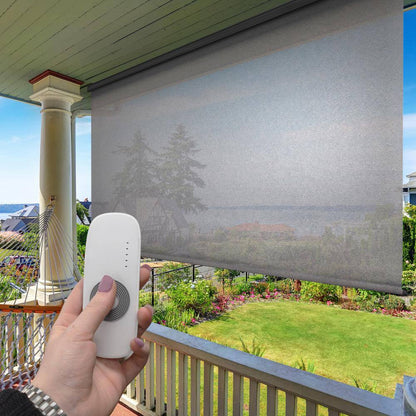 Morro Bay Grey Motorized Outdoor Patio Roller Shade with Valance 48 In. W X 96 In. L