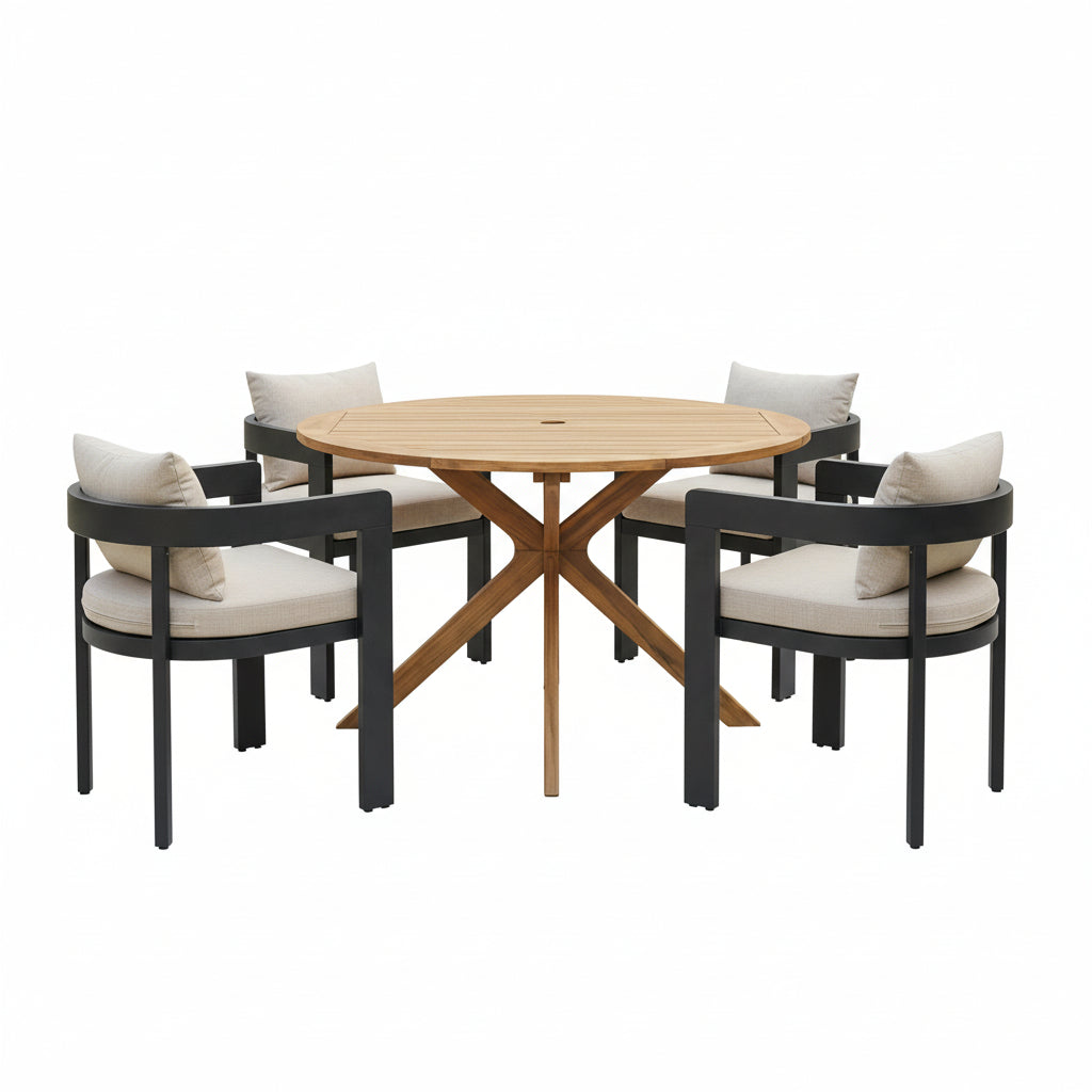- Ardenvale Outdoor Acacia Wood 5-Piece Dining Set with Aluminum Frame Chairs and Cushions