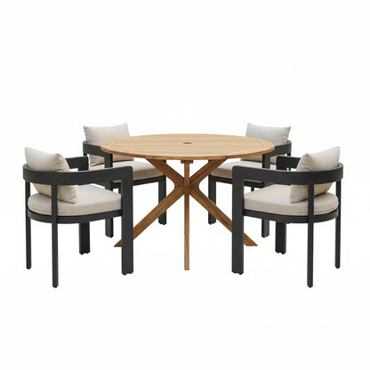 - Ardenvale Outdoor Acacia Wood 5-Piece Dining Set with Aluminum Frame Chairs and Cushions