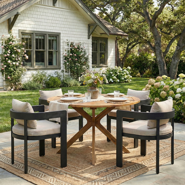 - Ardenvale Outdoor Acacia Wood 5-Piece Dining Set with Aluminum Frame Chairs and Cushions