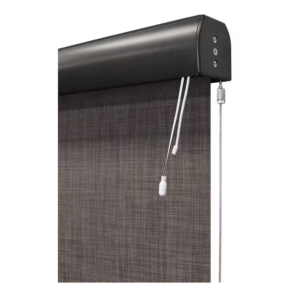 Tide Pool Grey and Black Motorized Outdoor Patio Roller Shade with Valance 120 In. W X 96 In. L