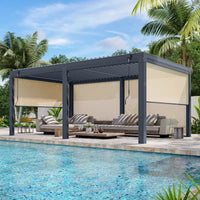 Louvered Pergola with Panel Pull-Down Screen, Outdoor Aluminum Pergola with Adjustable Rainproof Roof for Hot Tub and Patio Deck Backyard