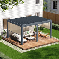 Louvered Pergola with Panel Pull-Down Screen, Outdoor Aluminum Pergola with Adjustable Rainproof Roof for Hot Tub and Patio Deck Backyard