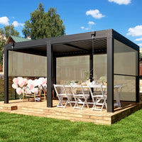 Louvered Pergola with Panel Pull-Down Screen, Outdoor Aluminum Pergola with Adjustable Rainproof Roof for Hot Tub and Patio Deck Backyard