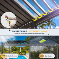 Louvered Pergola with Panel Pull-Down Screen, Outdoor Aluminum Pergola with Adjustable Rainproof Roof for Hot Tub and Patio Deck Backyard